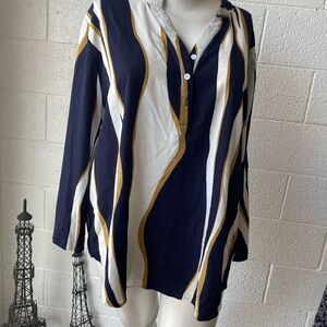 Striped Navy, White & Gold Long Sleeve V-Neck Women's Top